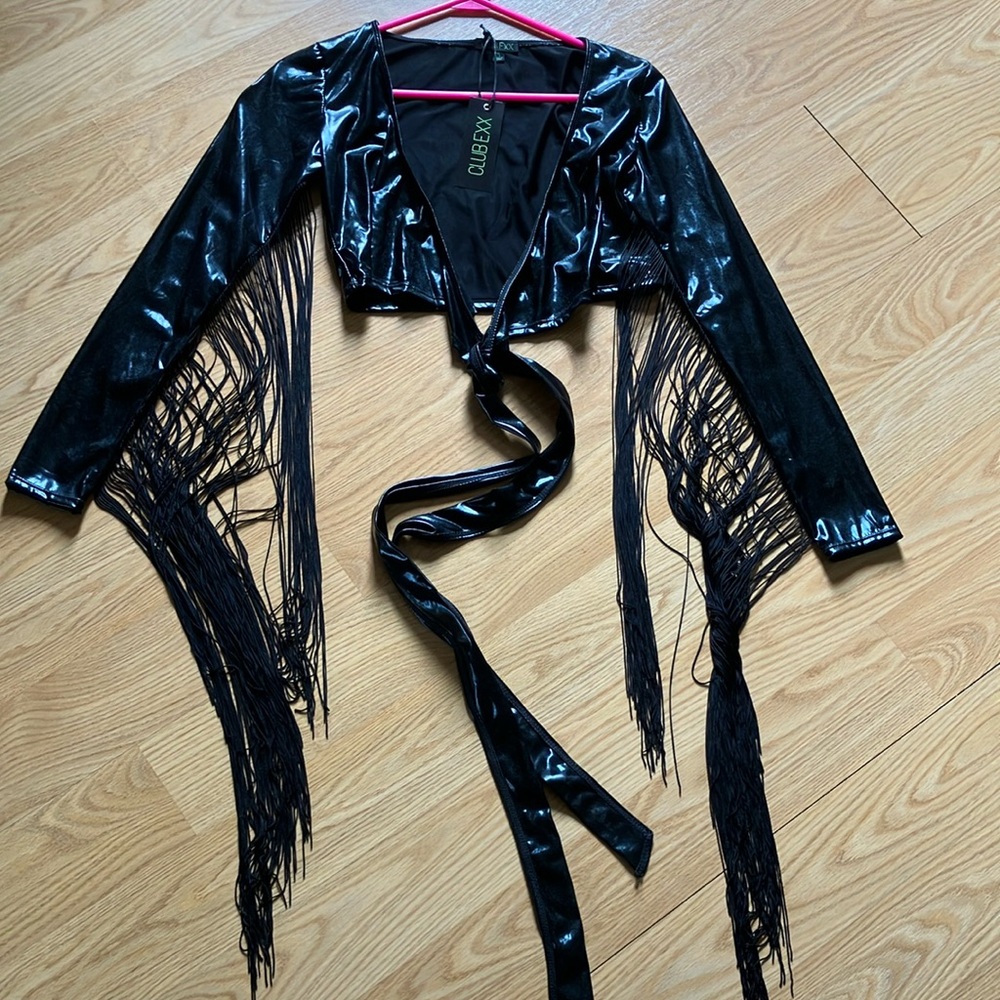 Black Faux Leather Fringe Jacket with Boho Charm